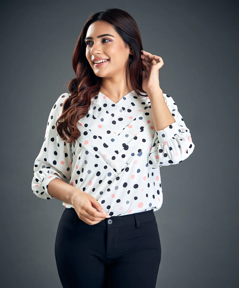 Printed Side Pleated Chiffon White Top - Image 2