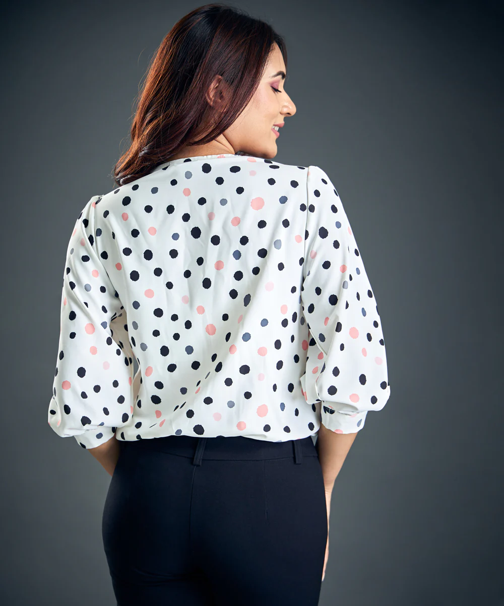Printed Side Pleated Chiffon White Top - Image 5