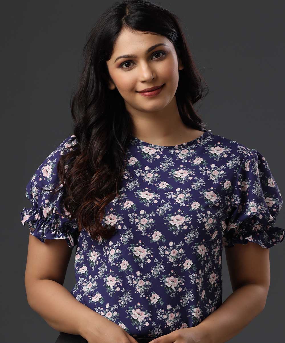Printed Sleeve Frilled Top
