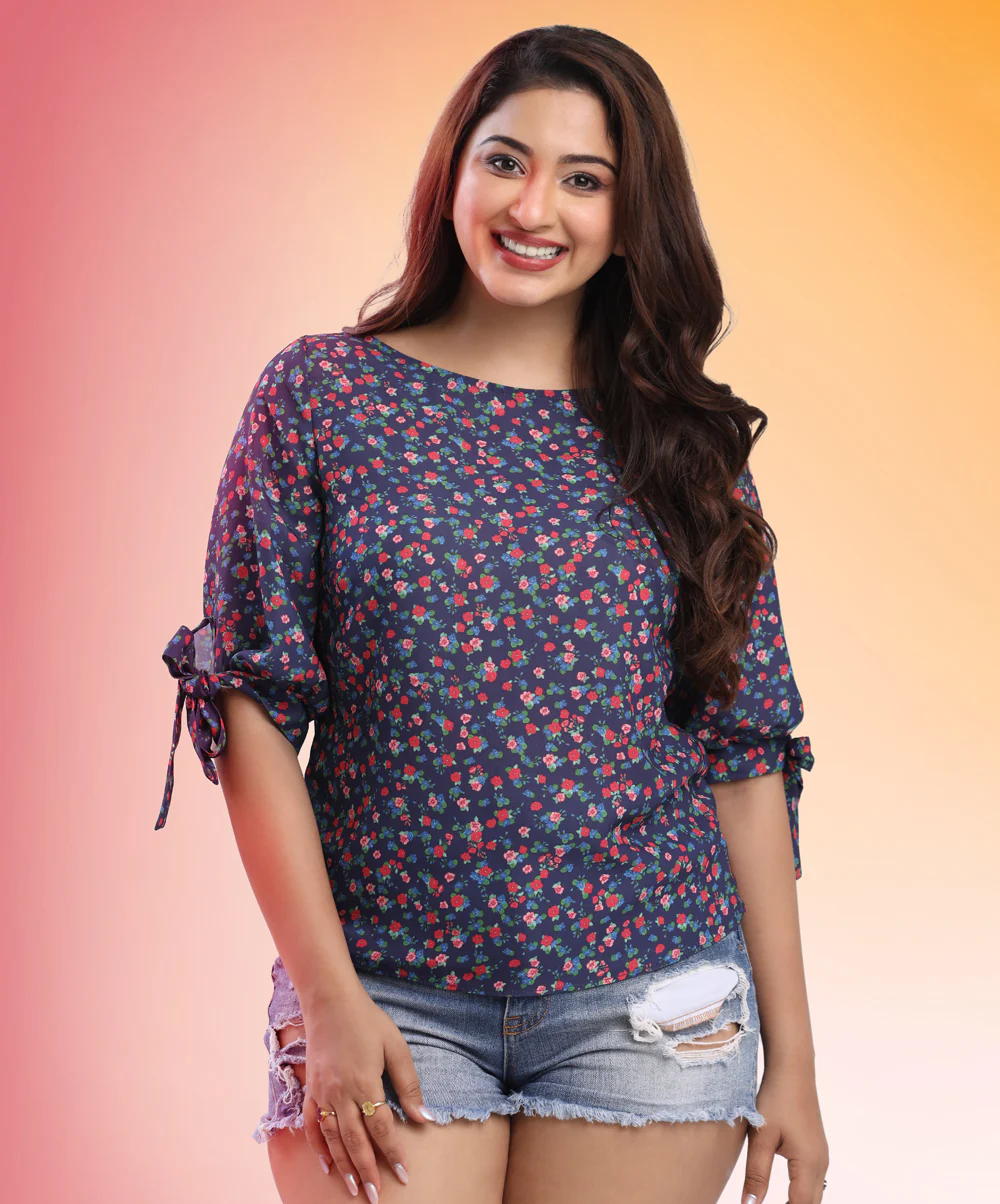 Printed Sleeve Tie Up Blue Top