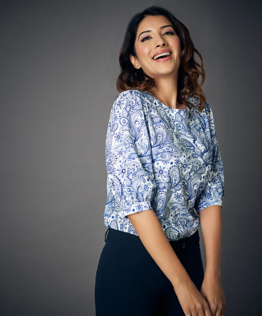 Puff Sleeve Printed Blue Blouse - Image 2