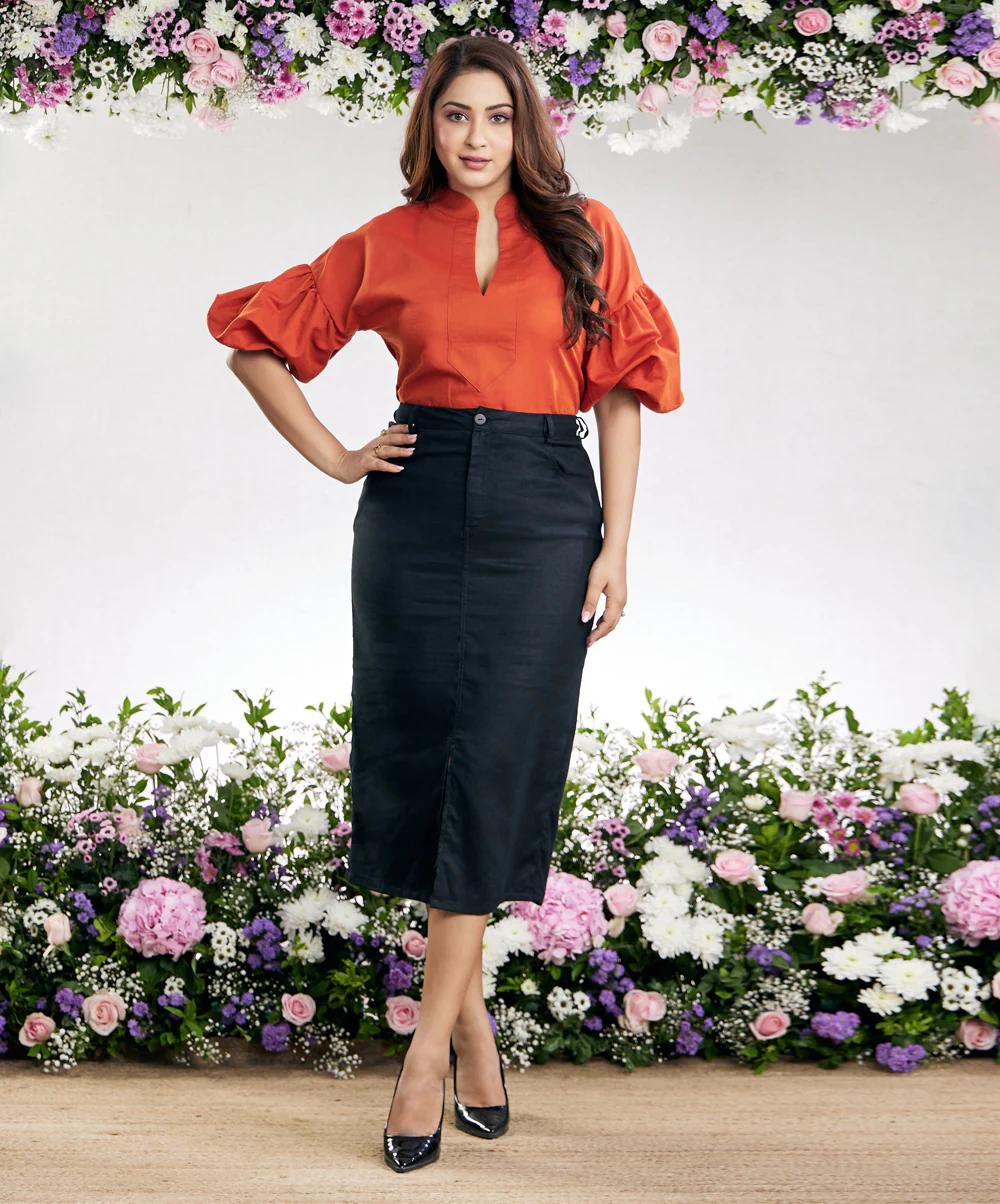 Puffed Half Sleeve Orange Linen Top - Image 3