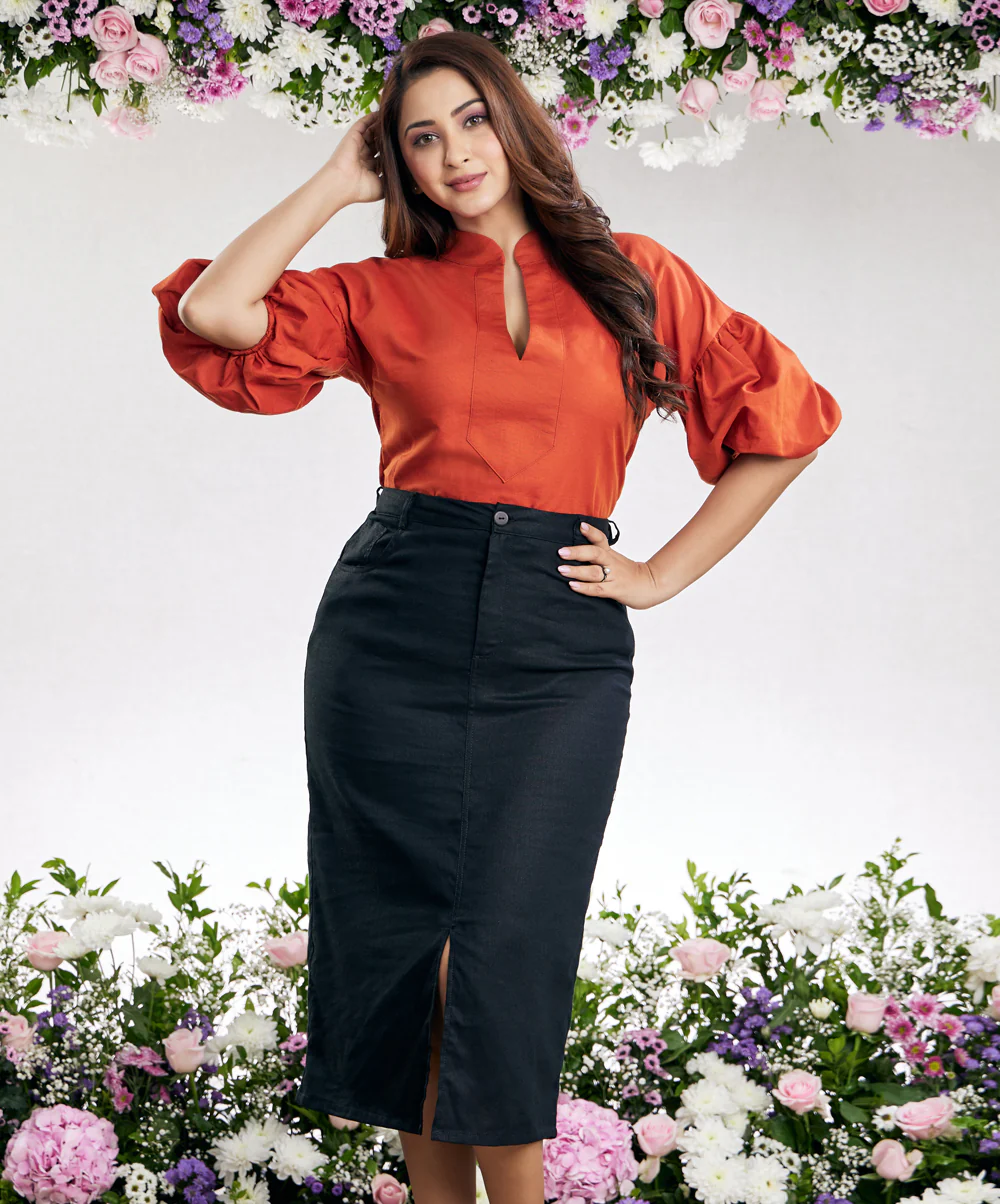 Puffed Half Sleeve Orange Linen Top - Image 4