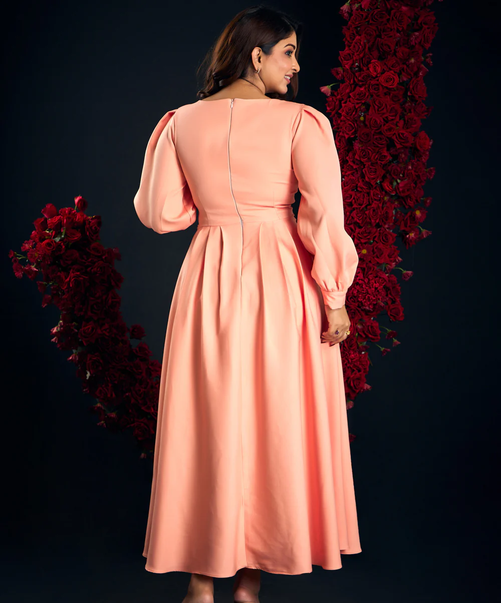 Puffed Large Sleeve Orange Midi Dress - Image 3