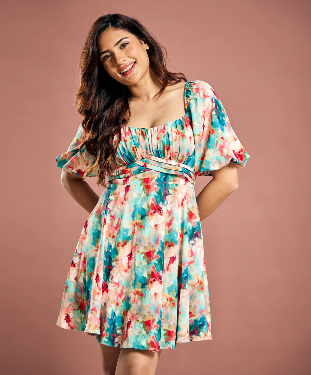Puffed Sleeve Chiffon Detailed Short Dress - Image 2
