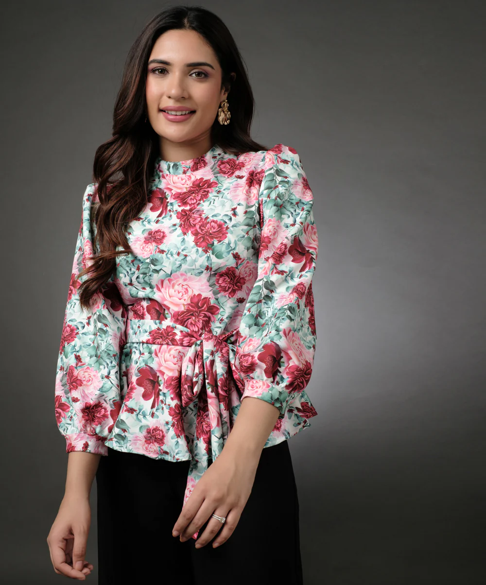 Puffed Sleeve Floral Peplum Top - Image 3