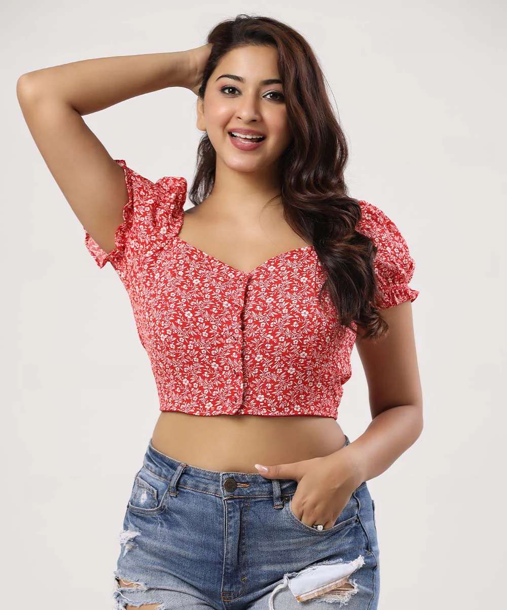 Puffed Sleeve Front Buttoned Crop Top - Image 2