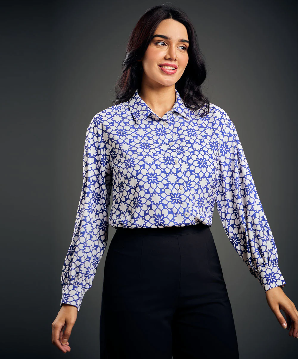 Puffed Sleeve Printed Chiffon Top - Image 2
