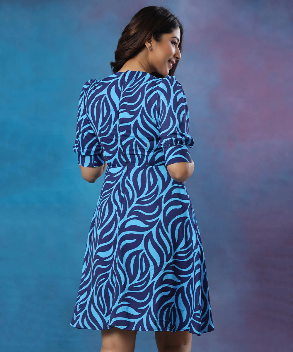 Puffed Sleeve Printed Floral Blue Dress - Image 2