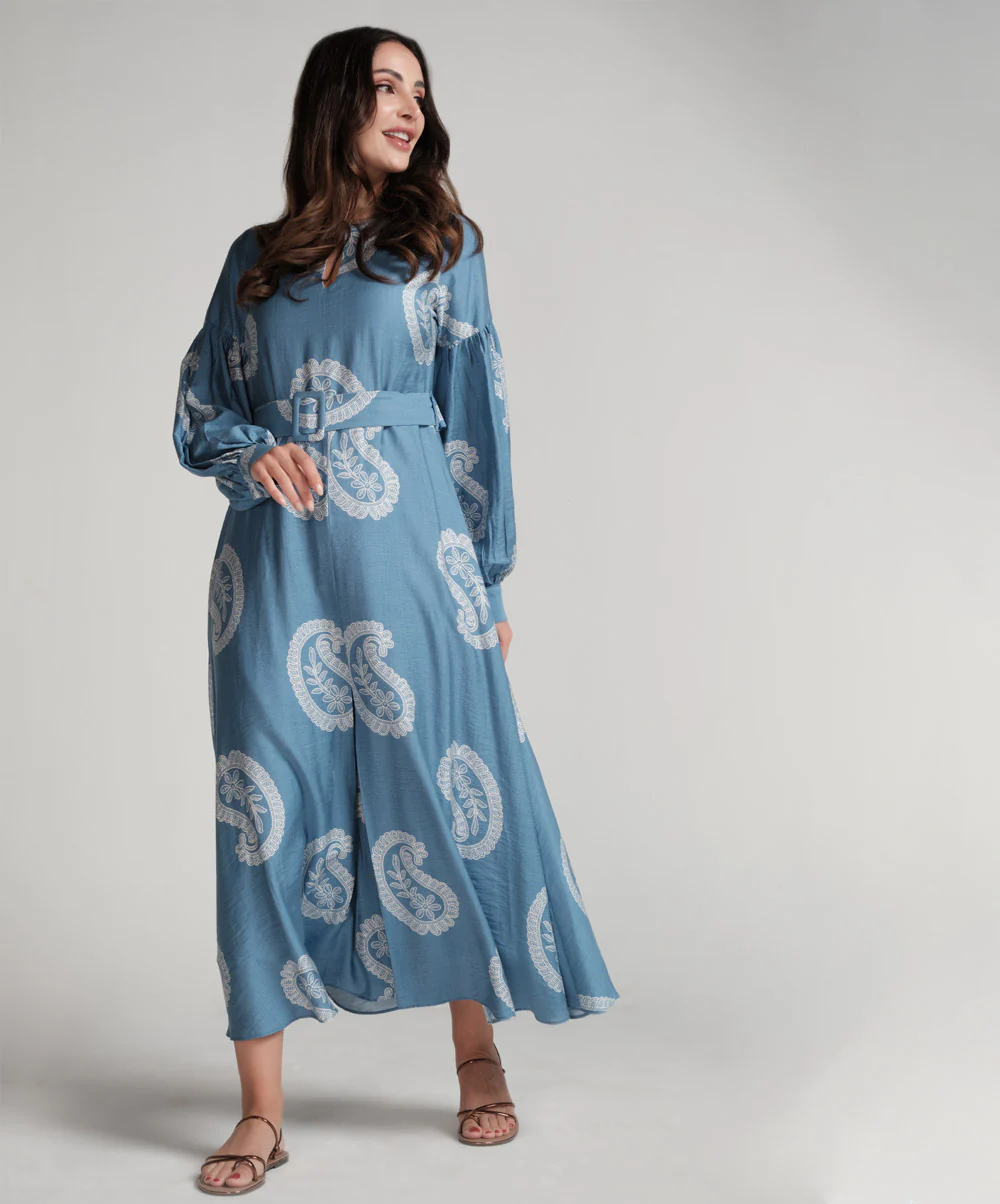 Puffed Sleeve Printed Round Neck Dress-Blue Print - Image 5