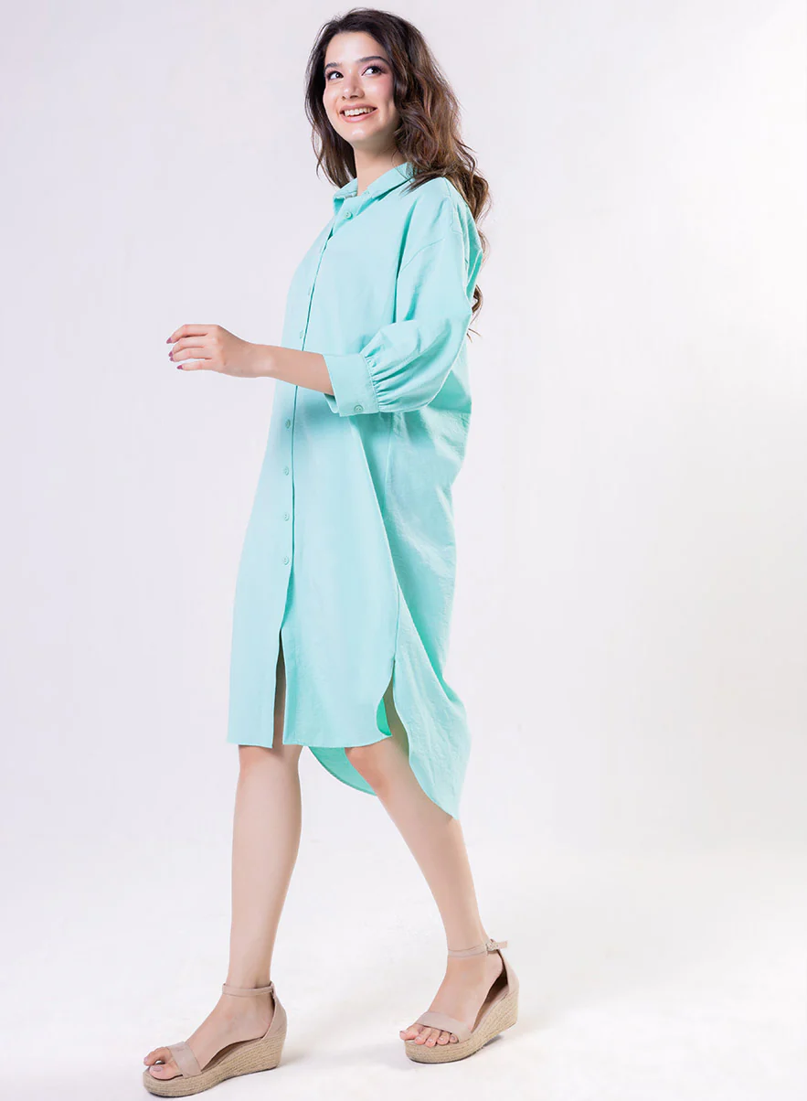 Puffed Sleeve Shirt Top -Green - Image 3