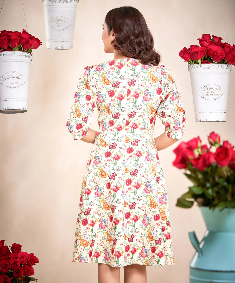 Puffed Sleeve Skater Cream Printed Dress - Image 2