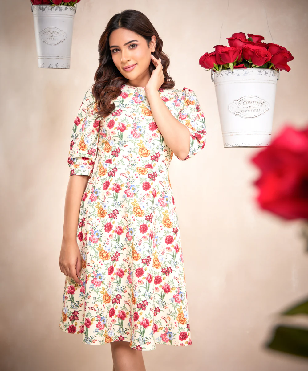 Puffed Sleeve Skater Cream Printed Dress - Image 4
