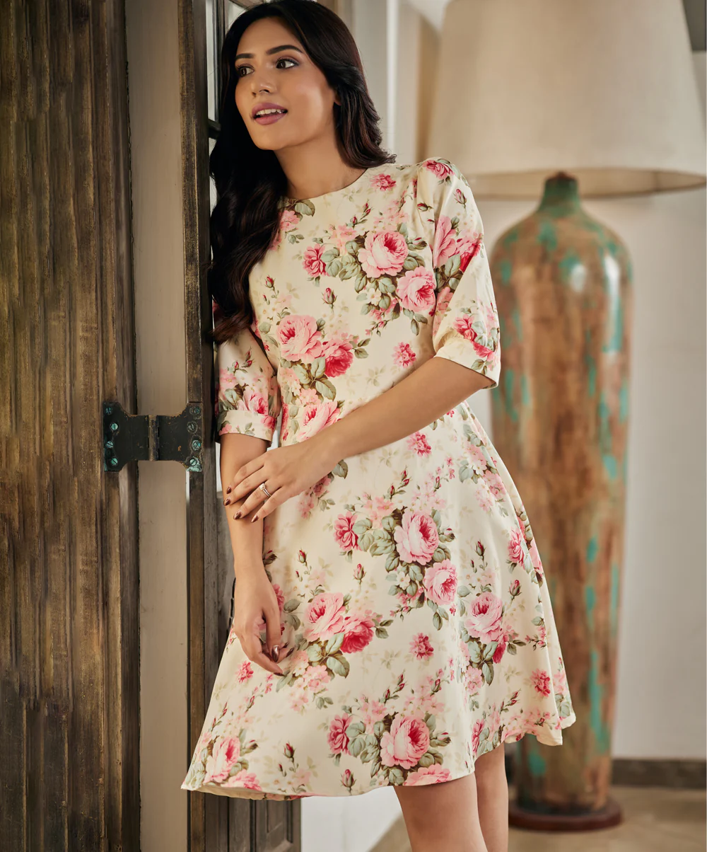 Puffed Sleeve Skater Rose Dress - Image 3