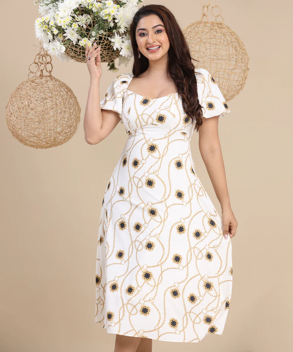 Puffed Sleeve Sweetheart Neck Printed Dress