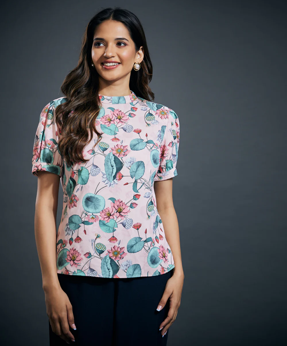 Puffy Printed Sleeve High Neck Top - Image 3