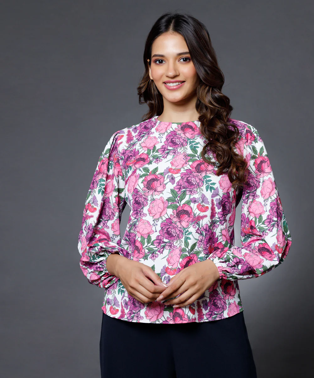Purple Floral Shirred Cuff Top - Image 4