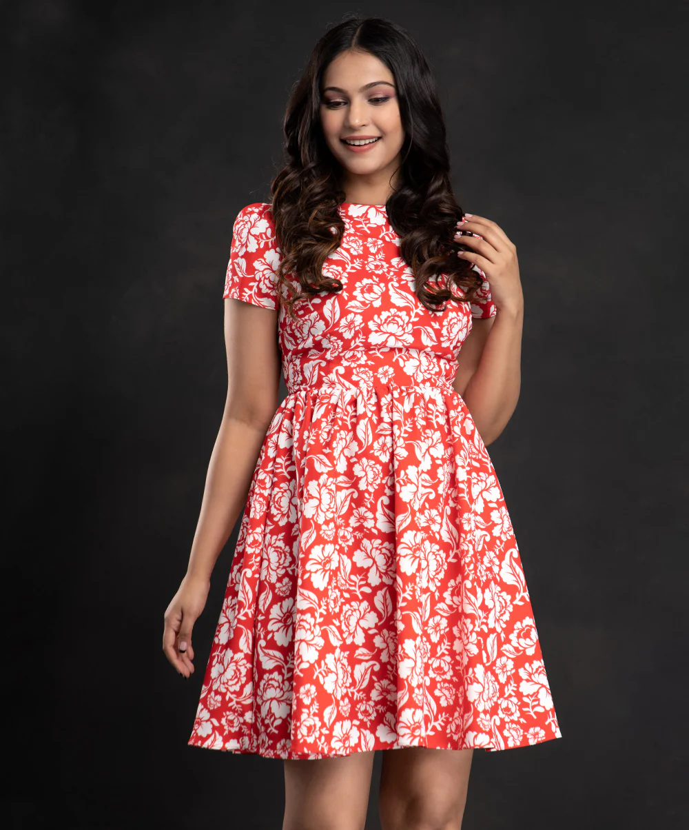 Red Floral Short Sleeve Mini Dress
