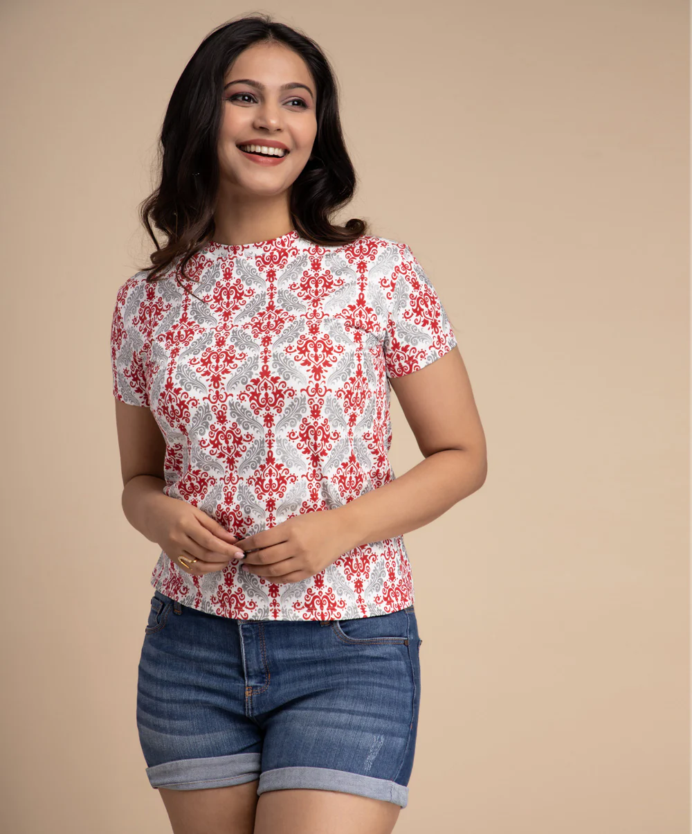 Red N Grey Damask Printed Tshirt