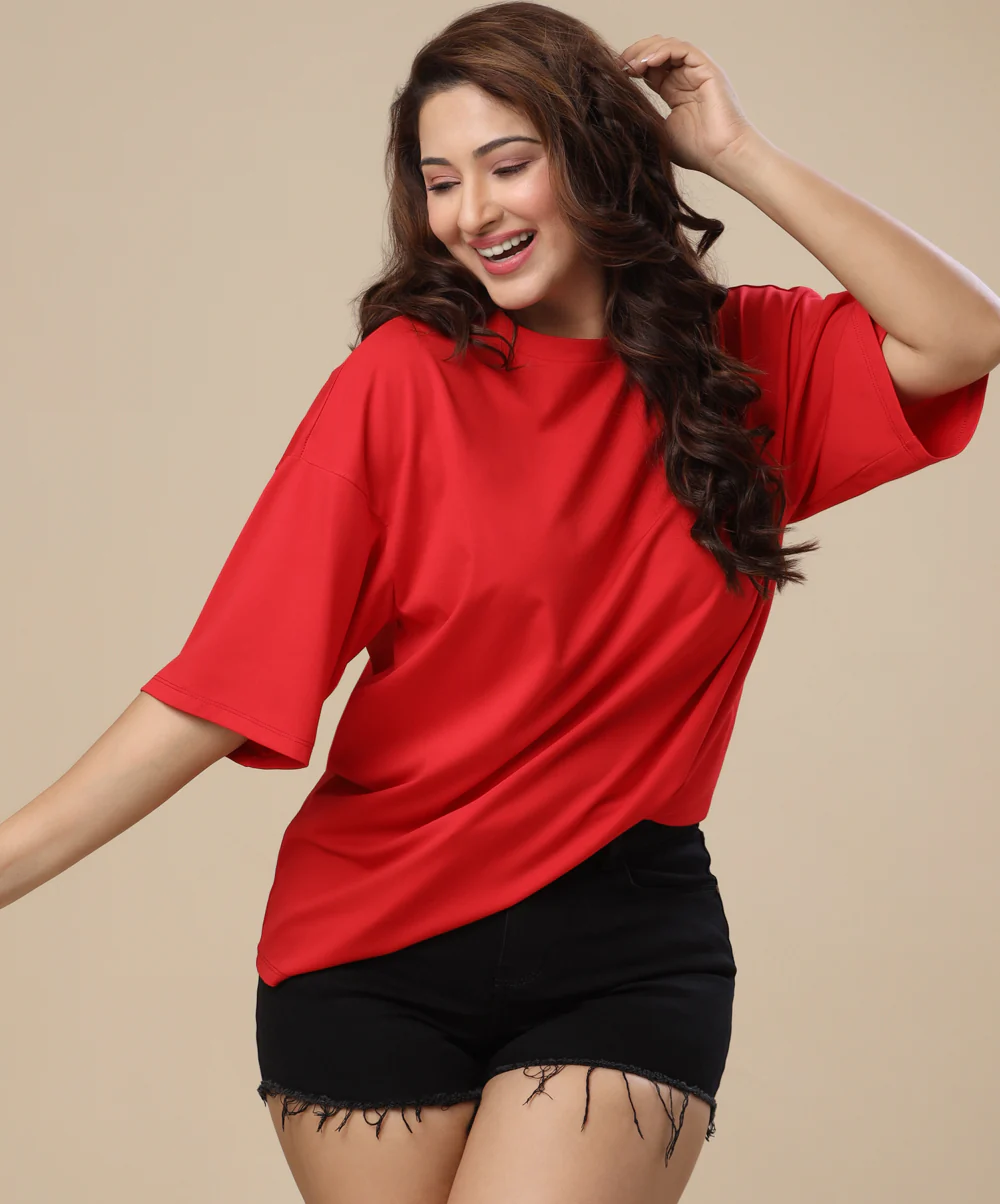 Red Oversized Basic Crew Neck Tshirt