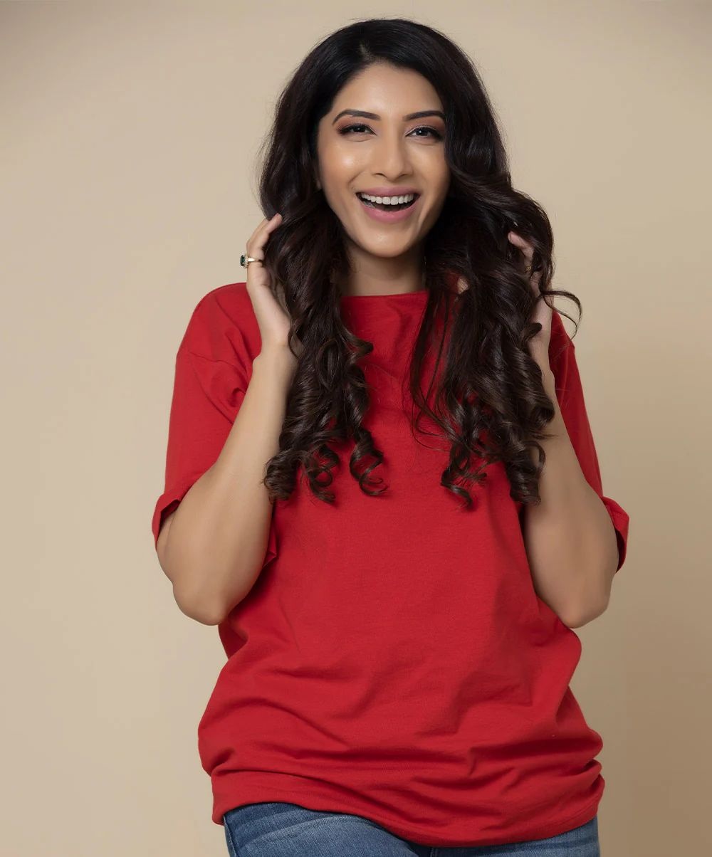 Red Solid Drop Shoulder Tshirt - Image 2