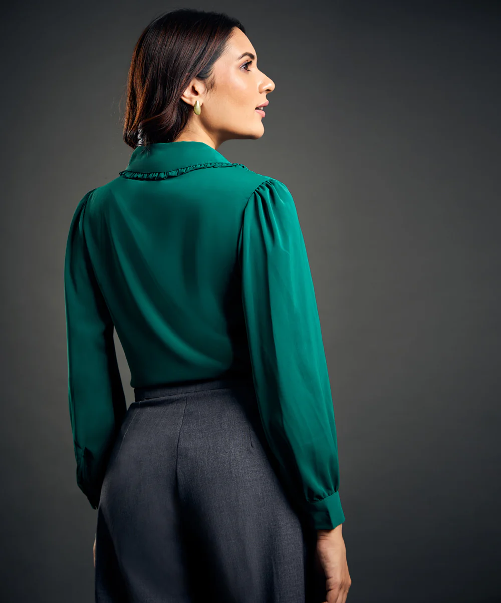 Retro Floral Embroidery Frill Trim Shirt - Image 3