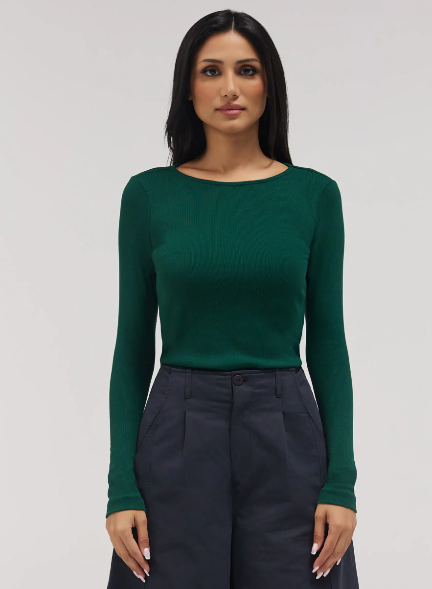 Rib Long Sleeve Top - Dark Green - Image 2