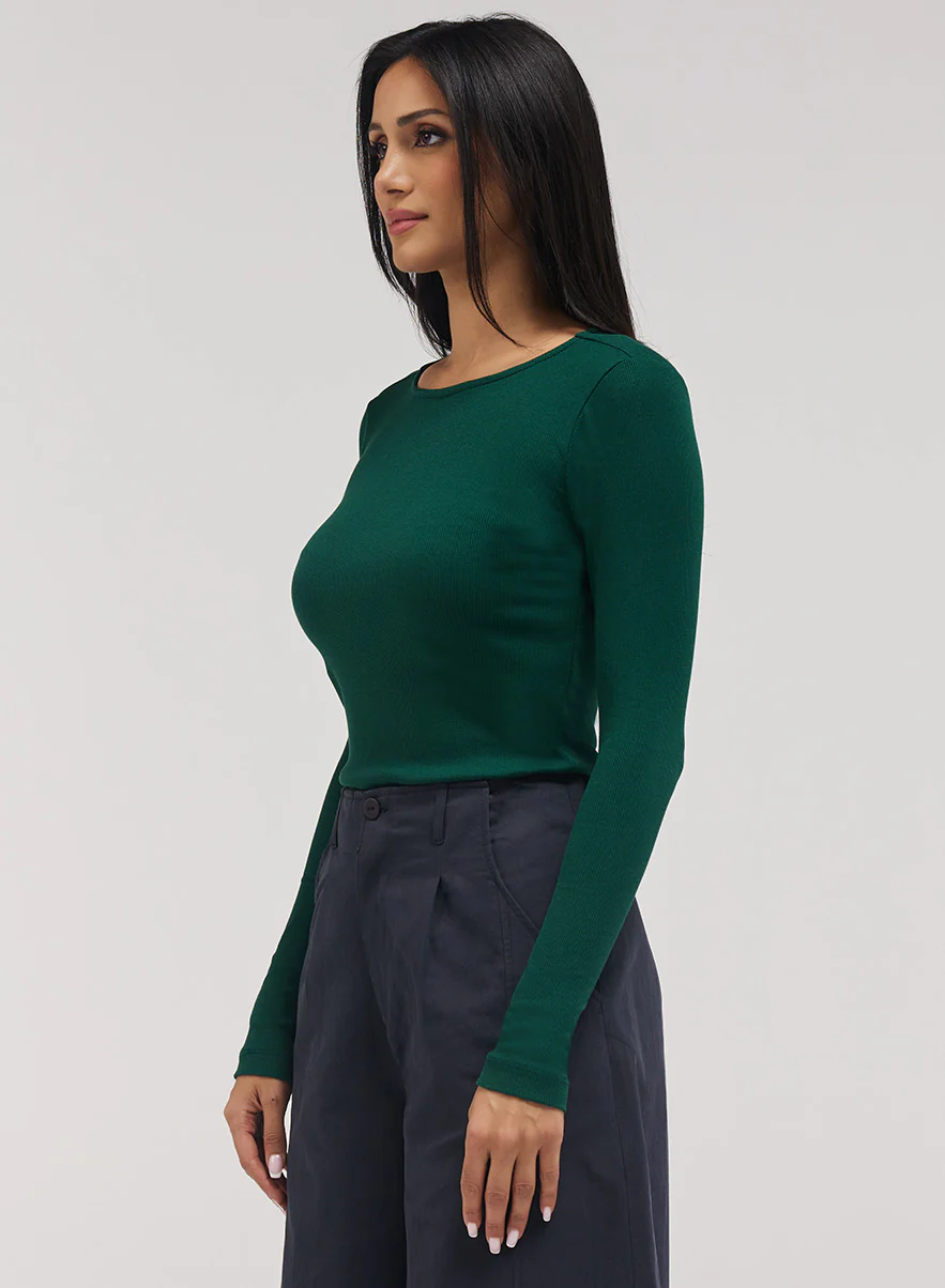 Rib Long Sleeve Top - Dark Green - Image 3