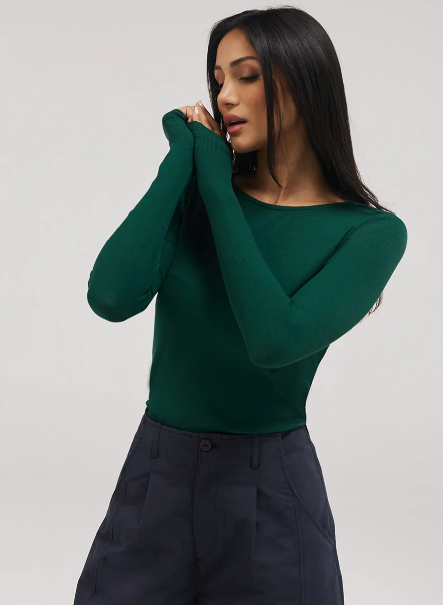 Rib Long Sleeve Top - Dark Green - Image 4