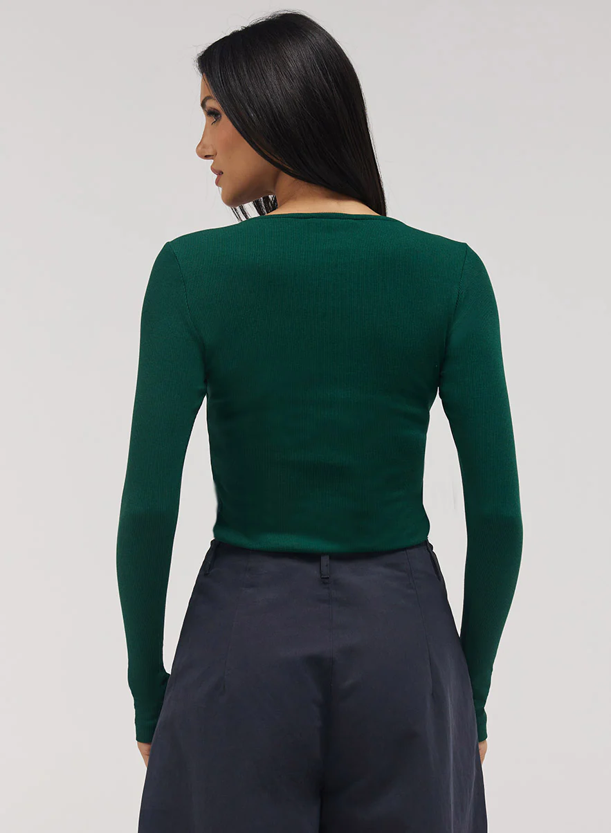Rib Long Sleeve Top - Dark Green - Image 5