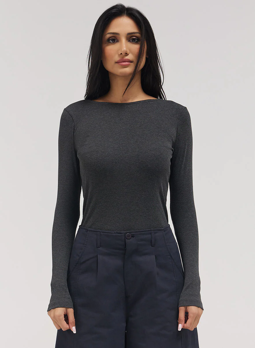 Rib Long Sleeve Top - Dark Grey - Image 3