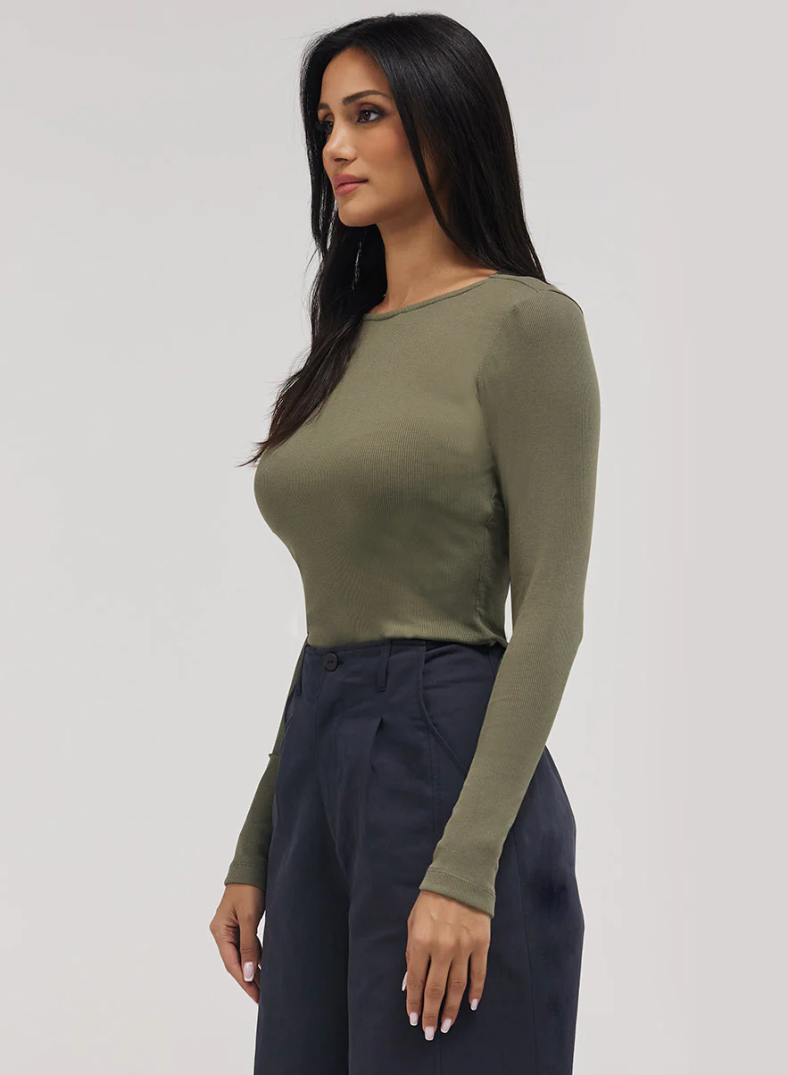 Rib Long Sleeve Top - Khaki - Image 2