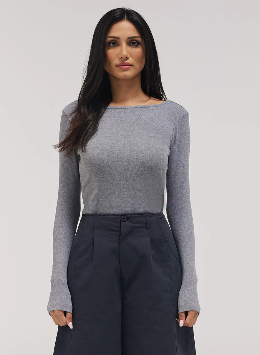 Rib Long Sleeve Top - Light Grey - Image 2