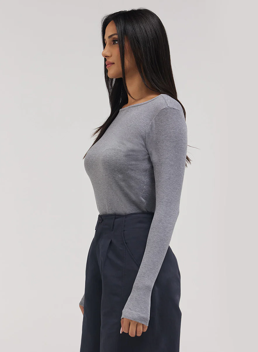 Rib Long Sleeve Top - Light Grey - Image 3