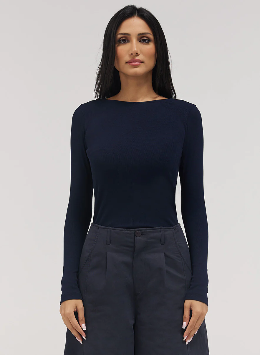 Rib Long Sleeve Top - Navy Blue - Image 2
