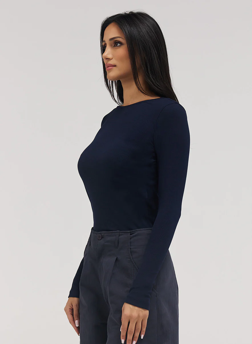 Rib Long Sleeve Top - Navy Blue - Image 3