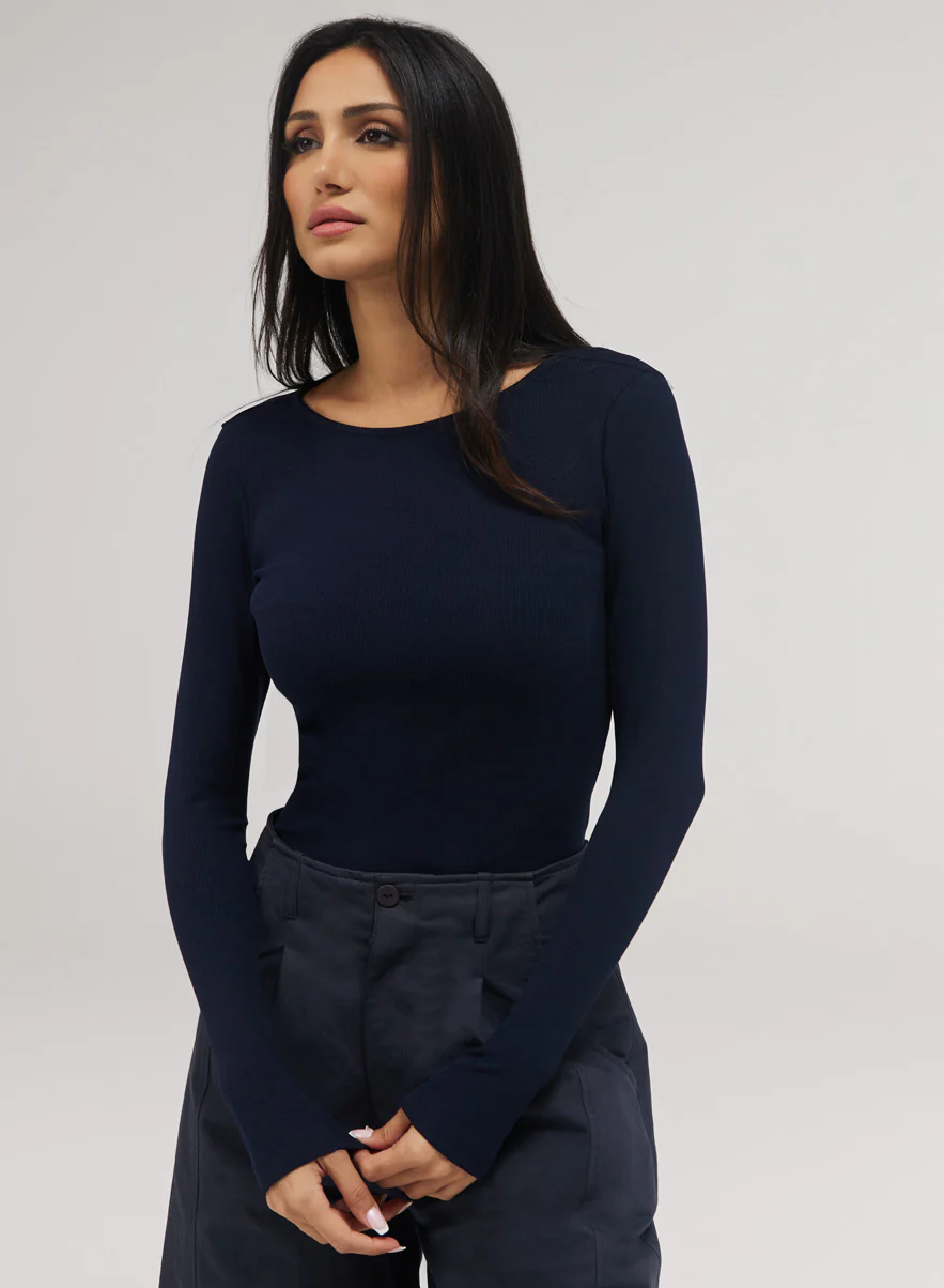 Rib Long Sleeve Top - Navy Blue - Image 4