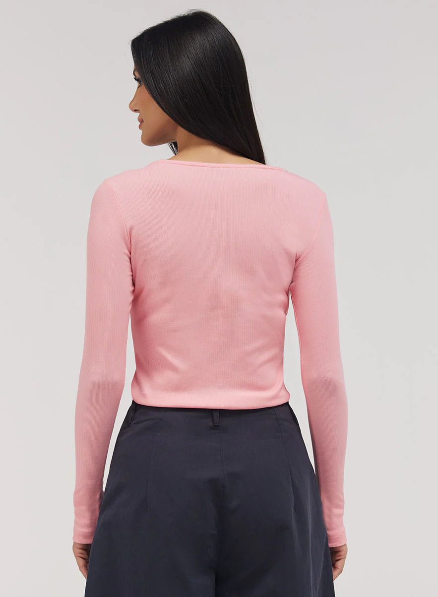 Rib Long Sleeve Top - Peach Pink - Image 4