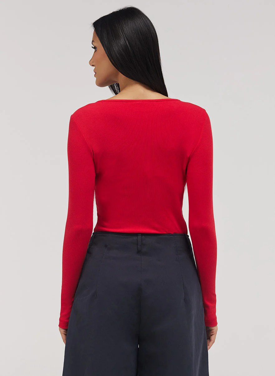 Rib Long Sleeve Top - Red - Image 4