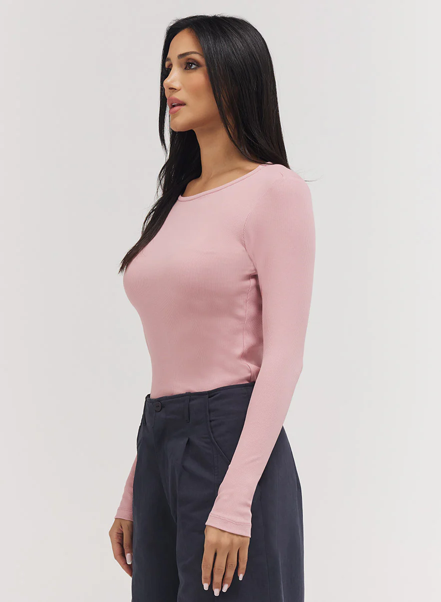 Rib Long Sleeve Top - Salmon Pink - Image 2