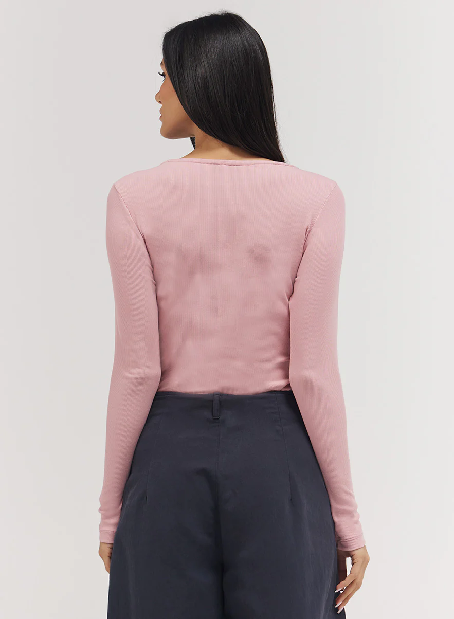 Rib Long Sleeve Top - Salmon Pink - Image 3