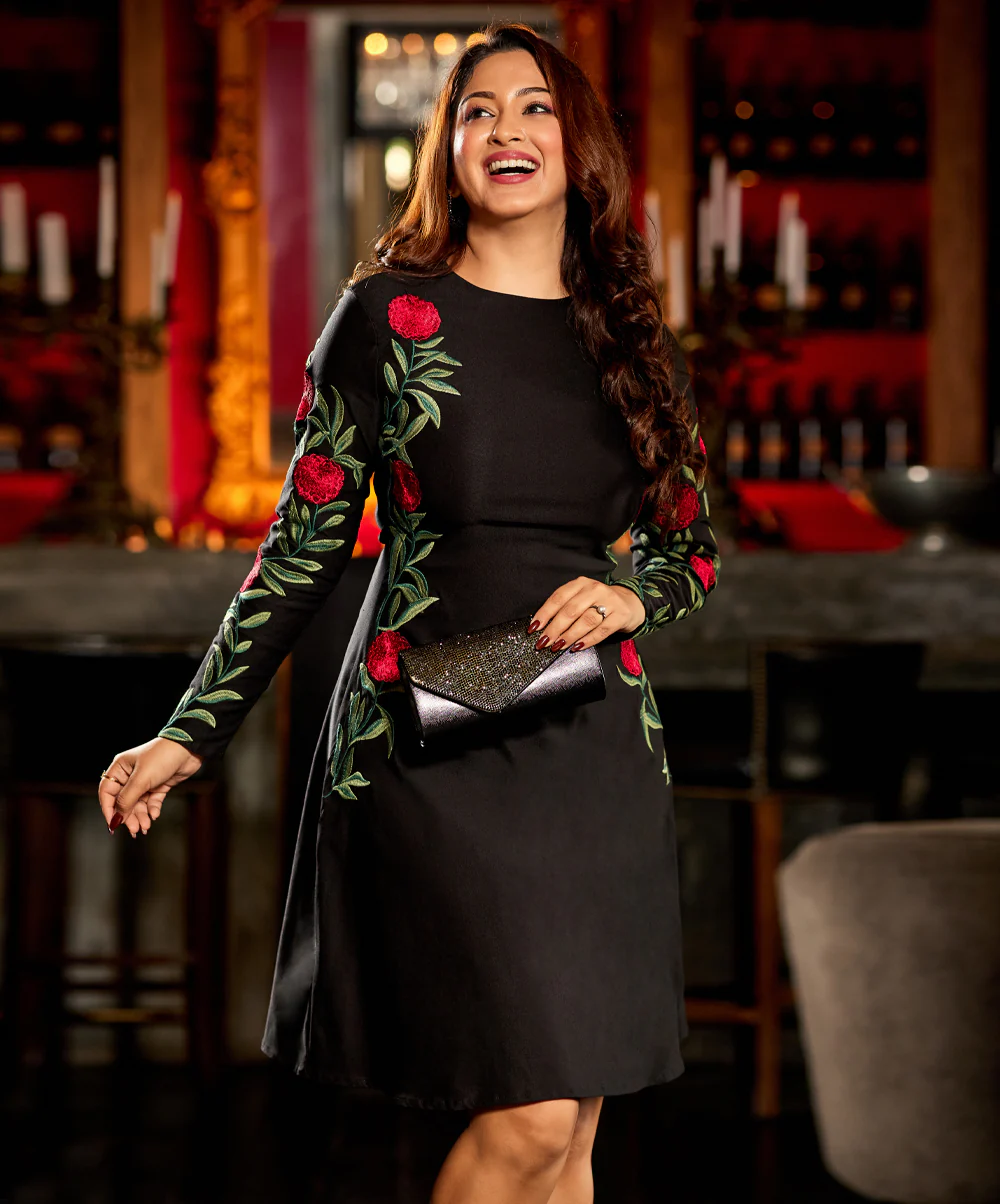 Rose Embroidered Black Dress