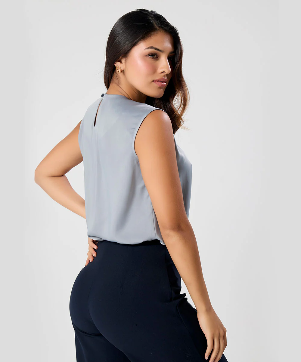Round Neck Extended Sleeve Satin Top-Grey - Image 3