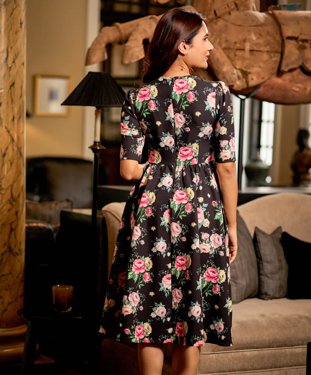 Round Neck Gathered Skirt Printed Dress - Image 7