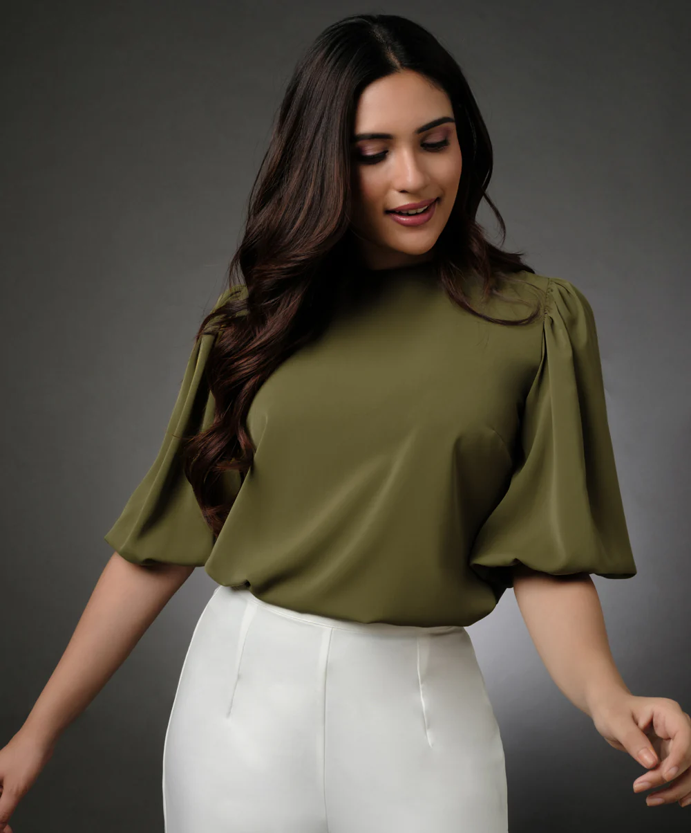 Round Neck Green Sleeve Elasticated Top - Image 4