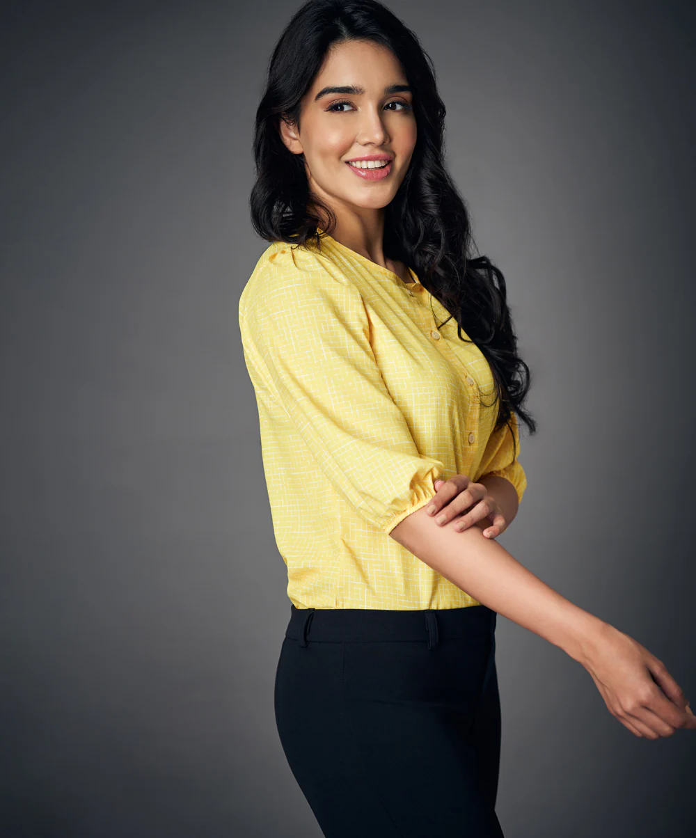 Round Neck Lantern Sleeve Yellow Blouse - Image 2