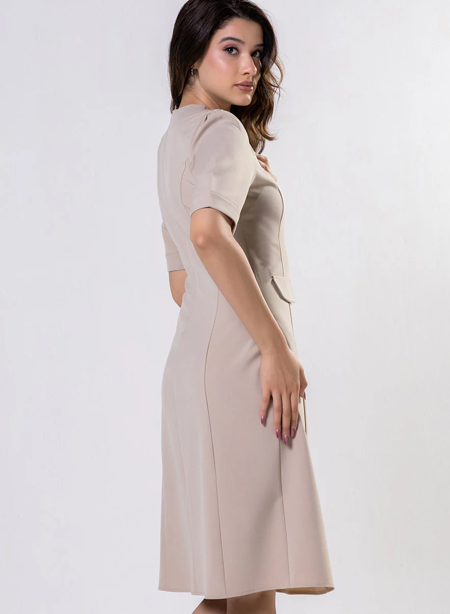 Round Neck Shift Dress With Flaps-Beige - Image 5