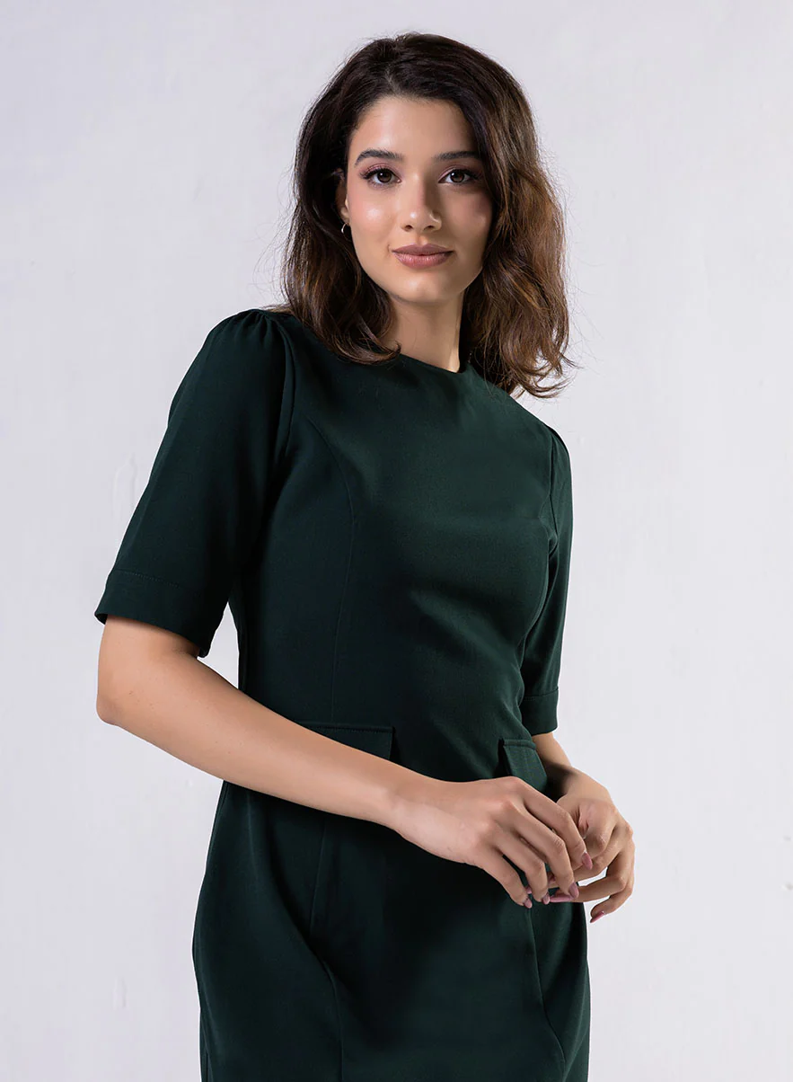 Round Neck Shift Dress With Flaps-Dark Green - Image 2