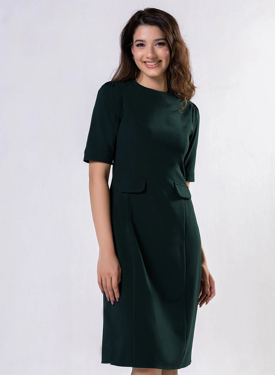 Round Neck Shift Dress With Flaps-Dark Green - Image 4
