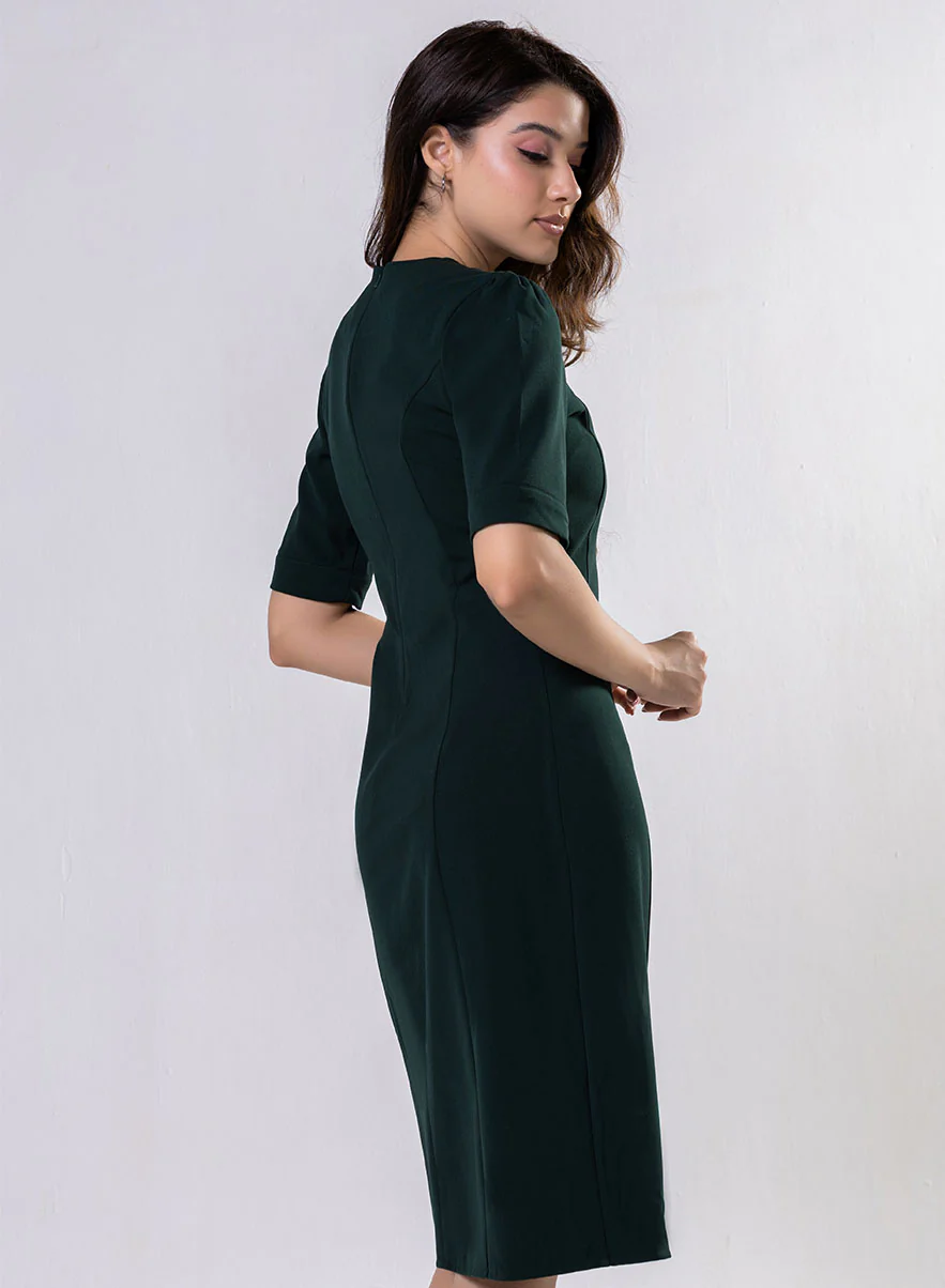 Round Neck Shift Dress With Flaps-Dark Green - Image 5